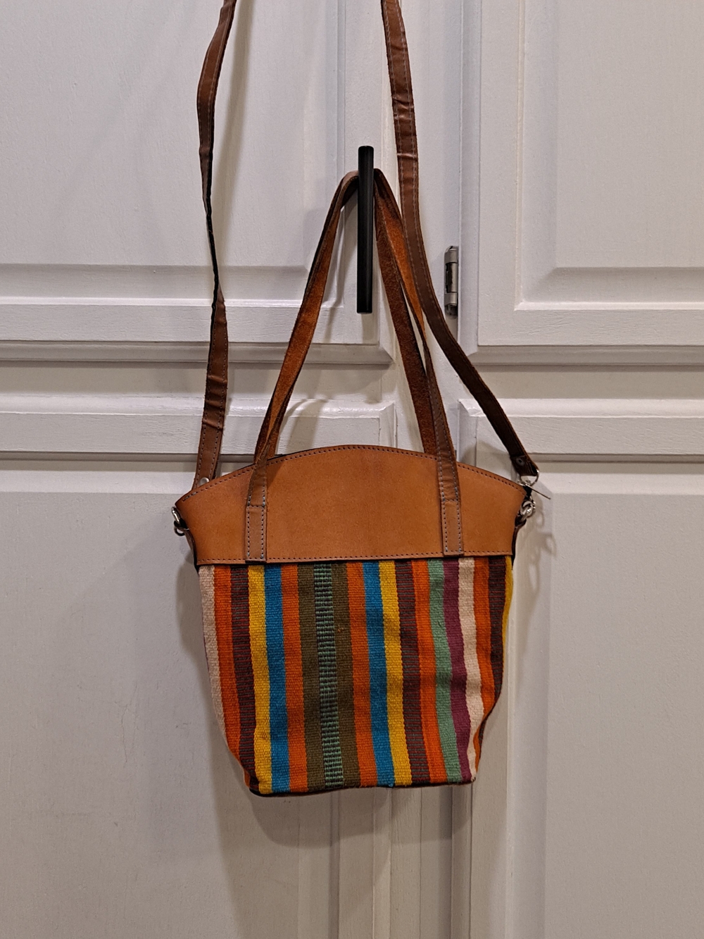 NOVICA Tropical Season Striped Multicolor Wool Crossbody Tan Leather Trim Tote